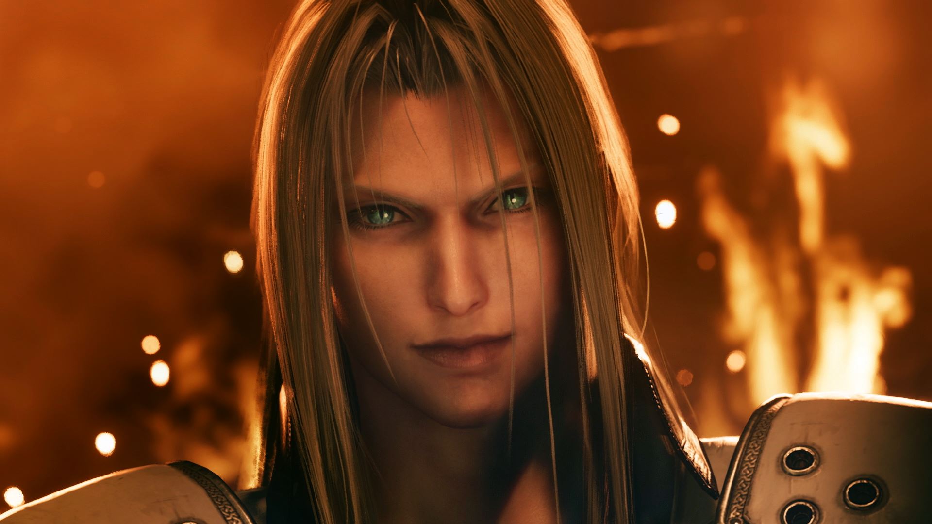 Sephiroth looks at Cloud in Final Fantasy 7 Remake with flames in the background