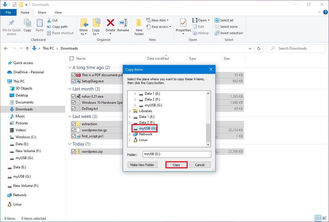 Windows 10 export files to USB