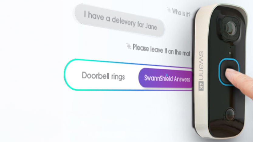 SwannBuddy4K video doorbell with illustration showing possible AI-generated responses to queries