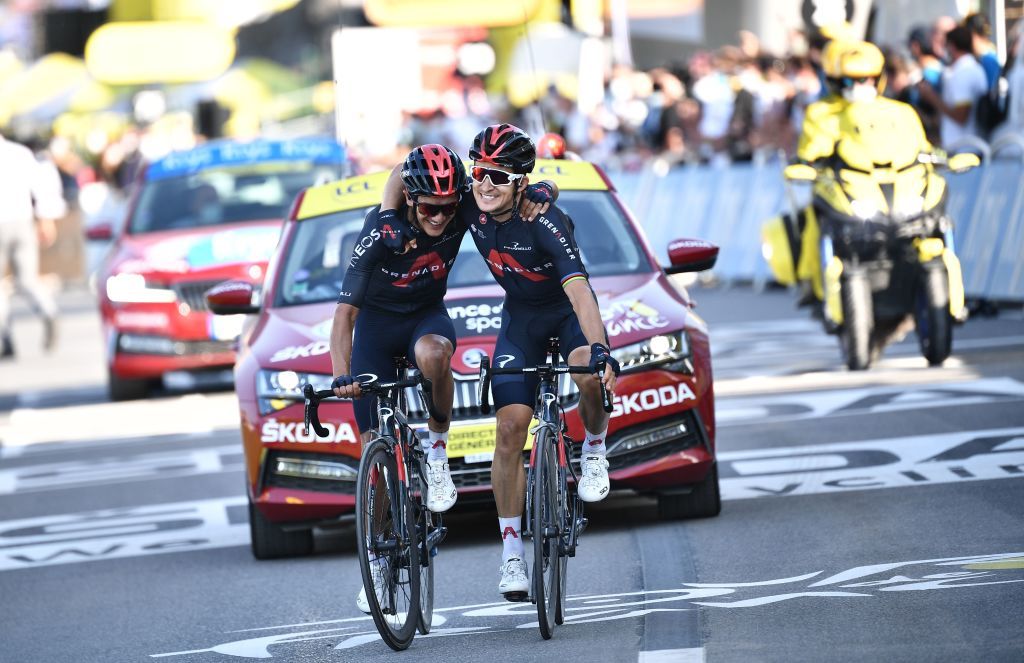 Team Ineos rider Polands Michal Kwiatkowski R celebrates as he crosses the finish line ahead of Team Ineos rider Ecuadors Richard Carapaz during the 18th stage of the 107th edition of the Tour de France cycling race 168 km between Meribel and La Roche sur Foron on September 17 2020 Photo by AnneChristine POUJOULAT POOL AFP Photo by ANNECHRISTINE POUJOULATPOOLAFP via Getty Images