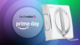 Winbot robot window cleaner on blue background with text reading 'TechRadar Prime Day'