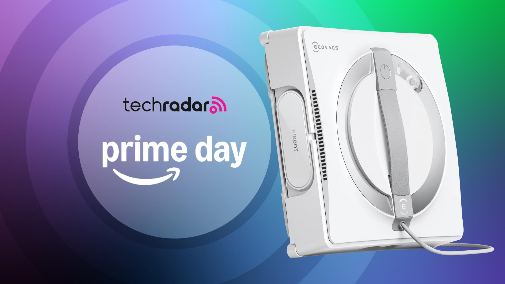 Winbot robot window cleaner on blue background with text reading &#039;TechRadar Prime Day&#039;