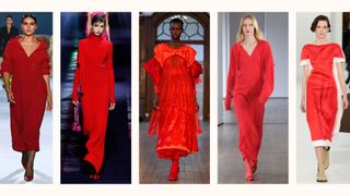 5 models on the runway wearing the red dress trend