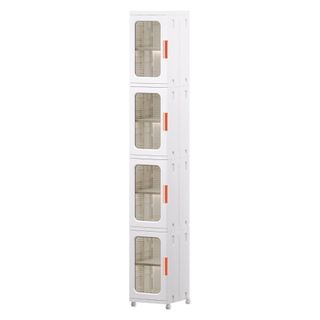 A tall white narrow kitchen cabinet with four doors with clear plastic fronts and rose gold handles to the right hand side of each