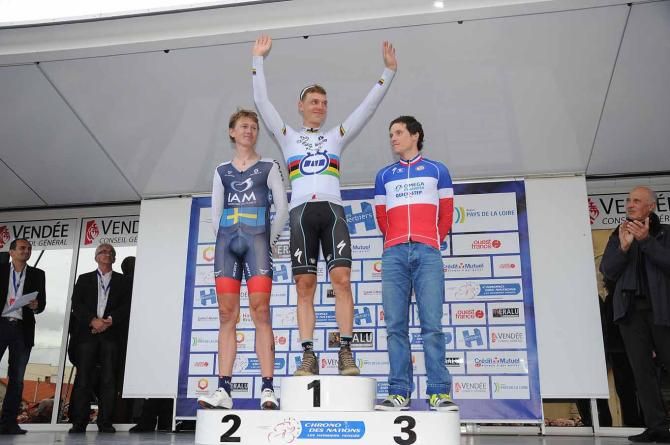 Tony Martin (Omega Pharma-QuickStep) beat Gustav Larsson (IAM Cycling) and Sylvain Chavanel (Omega Pharma-QuickStep) to win the 2013 Chrono des Nations.