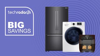 Samsung white goods and Instant air fryer on purple background with big savings text overlay