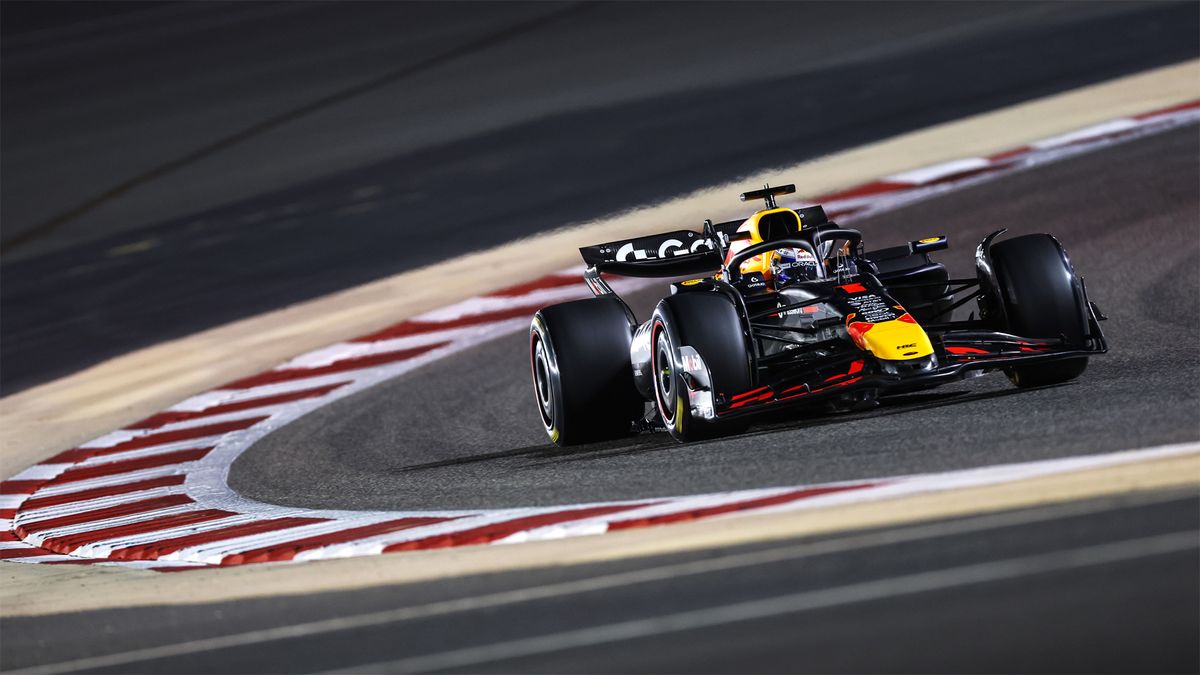 Max Verstappen driving his Red Bull round a bend during Bahrain testing for the 2025 season.