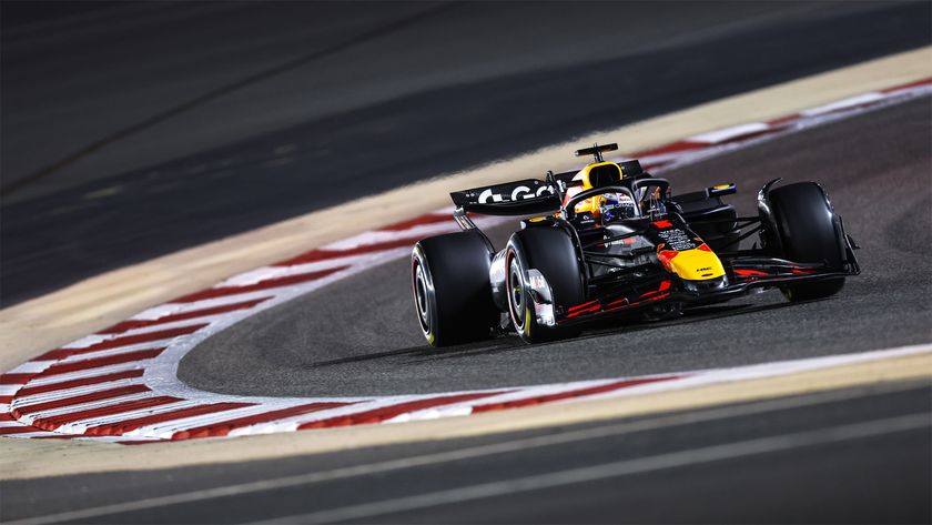 Max Verstappen driving his Red Bull round a bend during Bahrain testing for the 2025 season.