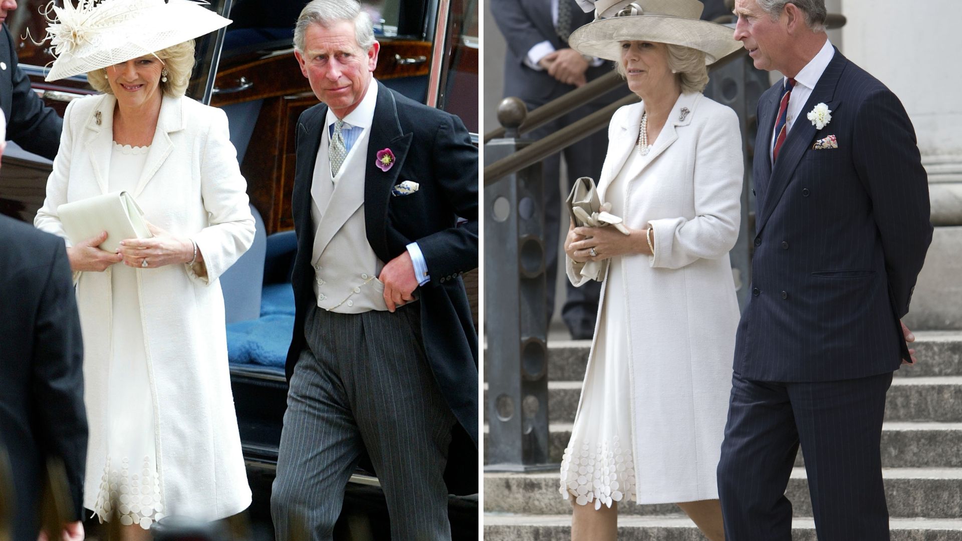 Two photos of Queen Camilla with King Charles
