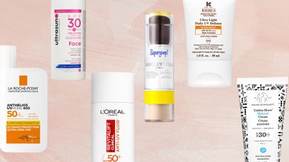 Collage of the best facial sunscreens (L-R) including La Roche-Posay, Ultrasun, L'Oreal, Supergoop!, Kiehl's and Drunk Elephant, on a pink watercolour background