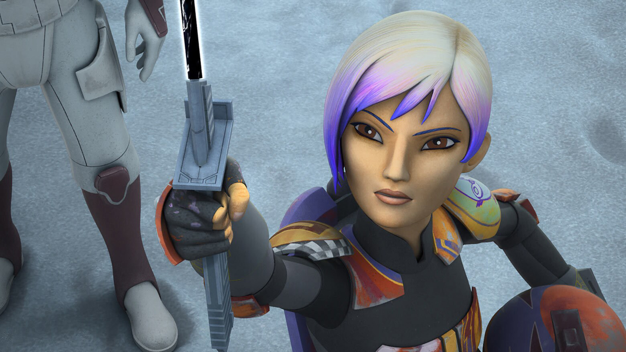 Still from the Star Wars T.V. Show Star Wars Rebels. Here we see Sabine Wren with light brown eyes and white hair with purple tips styled into a short, pixie cut. She is holding the Darksaber up high in her right hand.