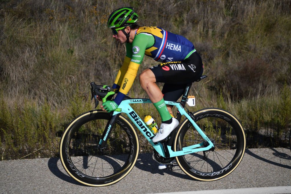 AGUILAR DE CAMPOO SPAIN OCTOBER 29 Primoz Roglic of Slovenia and Team Jumbo Visma Green Points Jersey during the 75th Tour of Spain 2020 Stage 9 a 1577km stage from Cid Campeador Military Base Castrillo del Val to Aguilar de Campoo lavuelta LaVuelta20 on October 29 2020 in Aguilar de Campoo Spain Photo by Justin SetterfieldGetty Images
