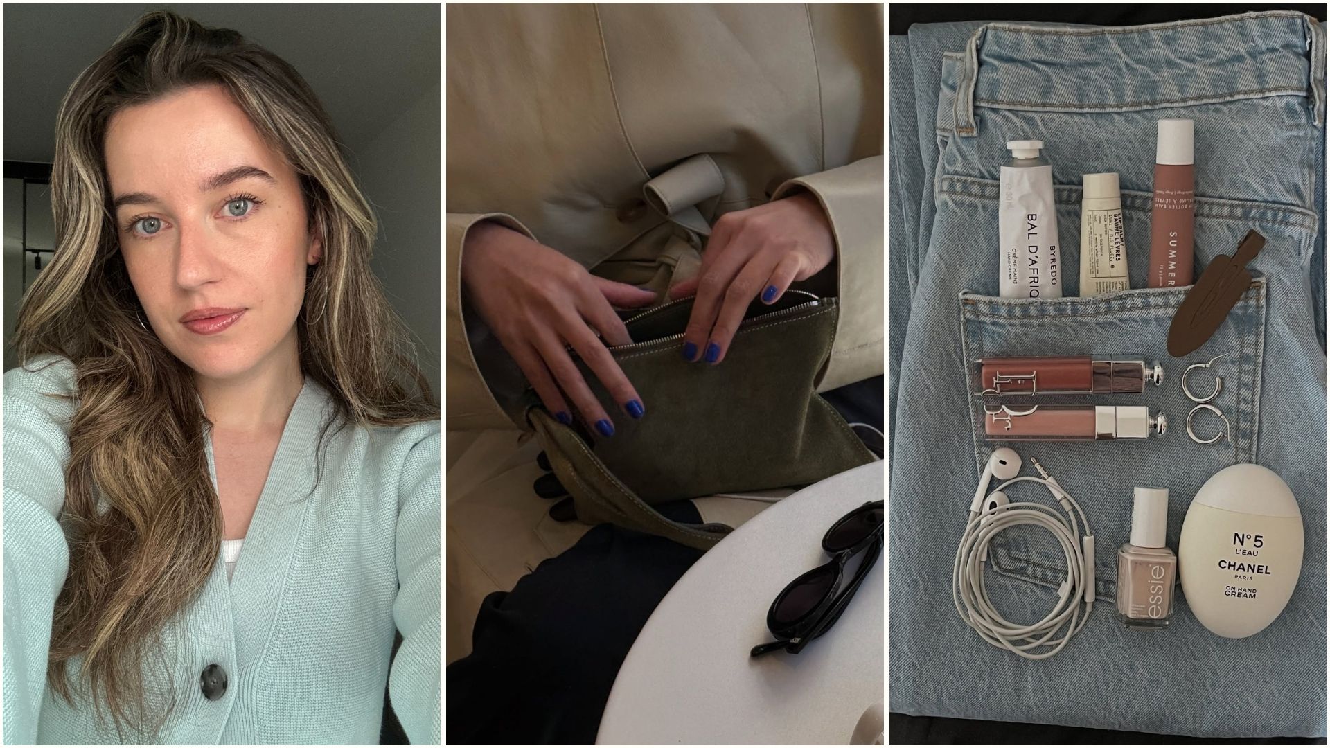 A collage of deputy beauty editor Grace Lindsay wearing Summer Fridays makeup, a suede makeup bag and a selection of makeup products on top of a pair of denim jeans