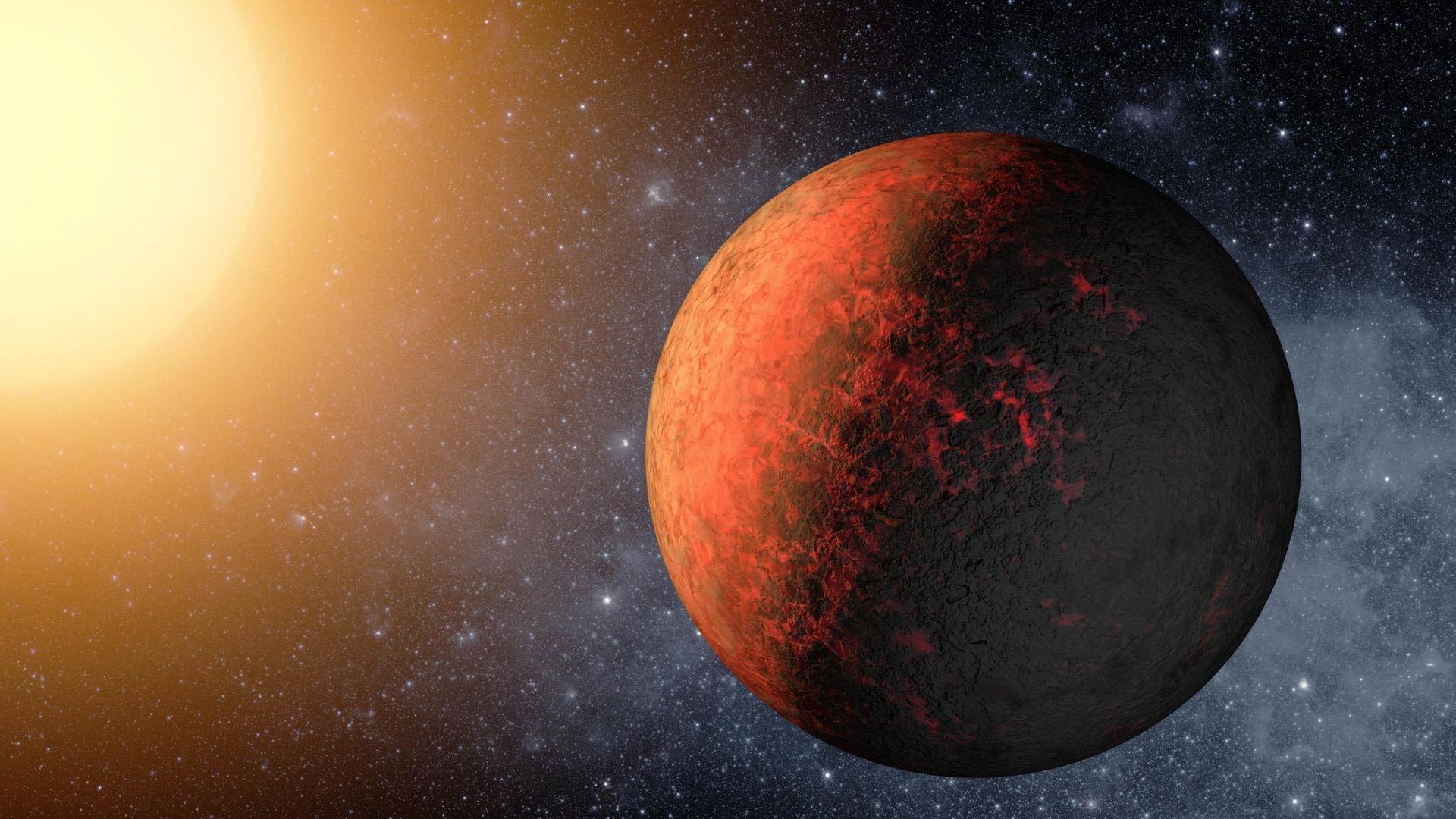 An artist's rendering of Kepler 38. The illustration features a mottled red planet lit by a bright light.