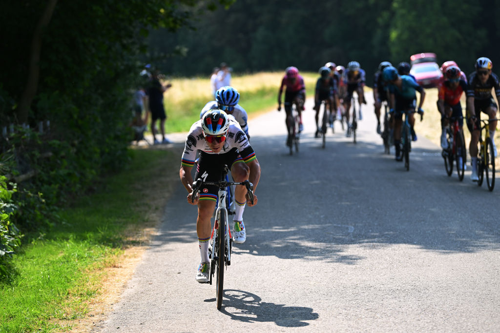 WEINFELDEN SWITZERLAND JUNE 17 Remco Evenepoel of Belgium and Team Soudal QuickStep attacks during the 86th Tour de Suisse 2023 Stage 7 a 1835km stage from Tbach to Weinfelden UCIWT on June 17 2023 in Weinfelden Switzerland Photo by Dario BelingheriGetty Images