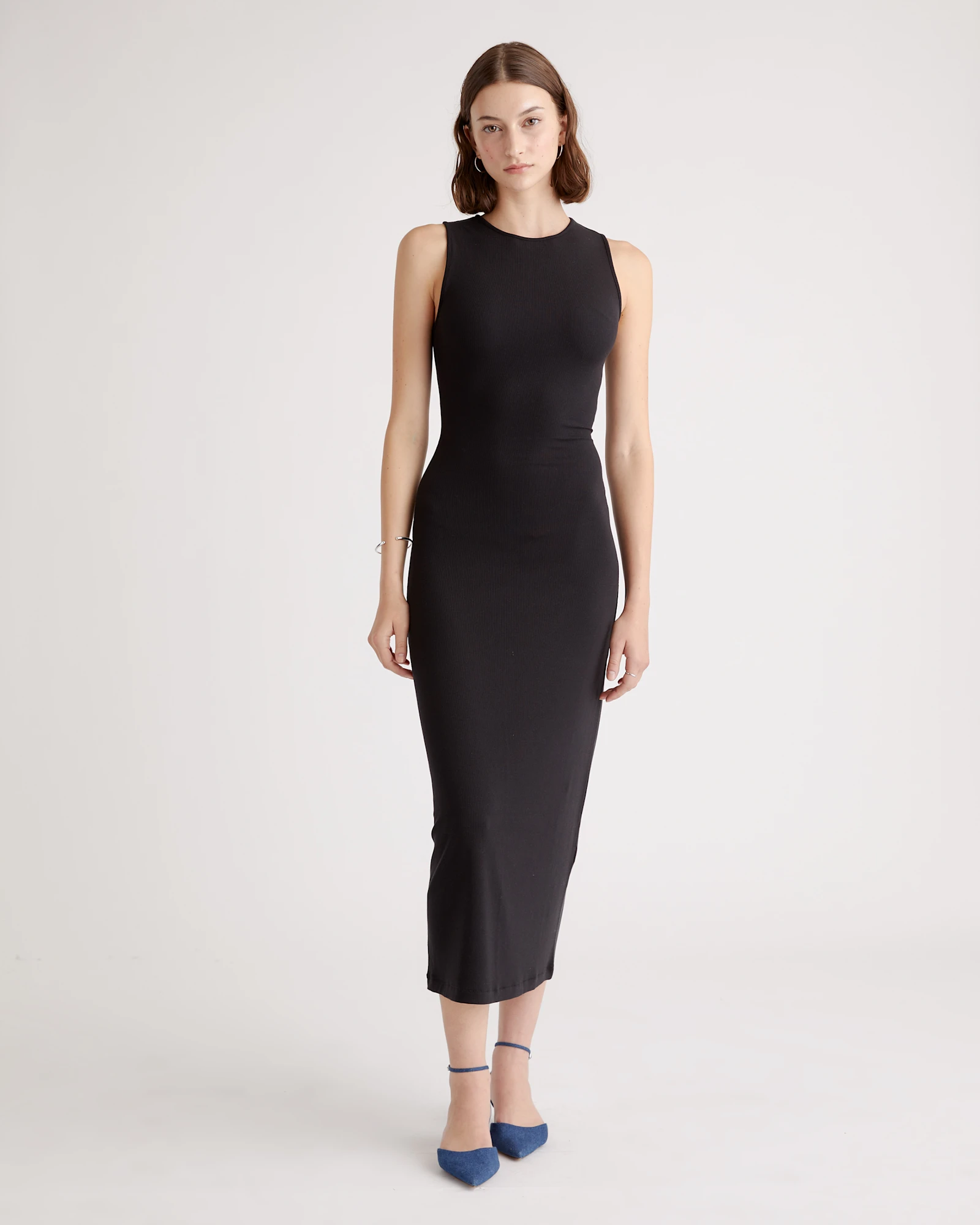Tencel Rib Knit Tank Midi Dress in Black
