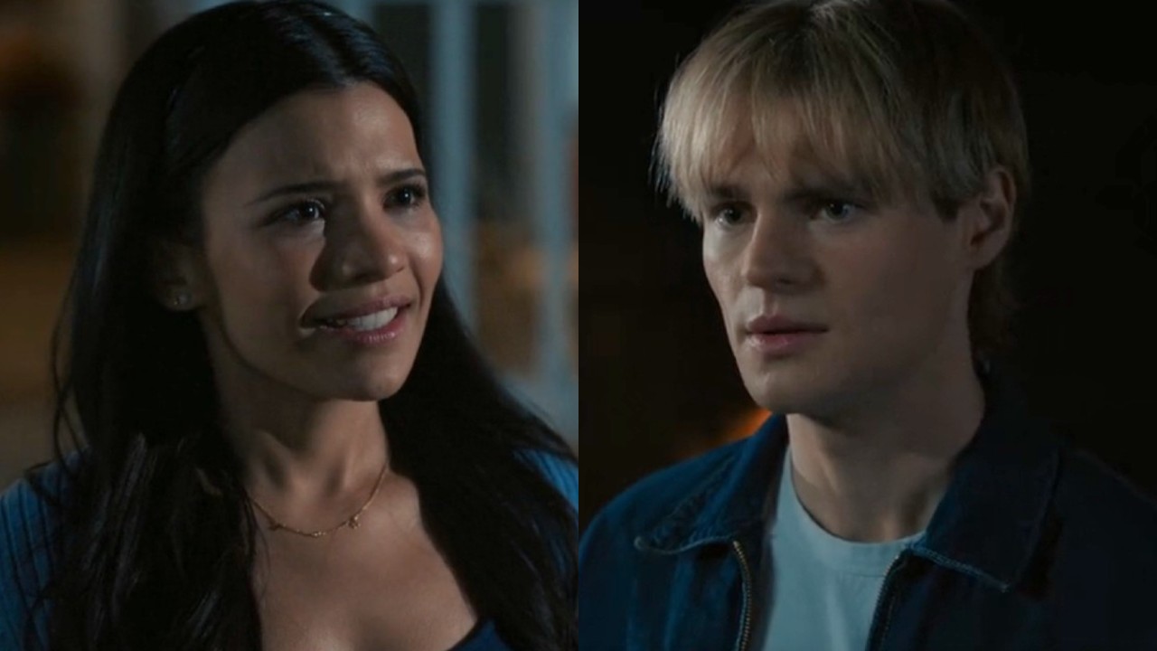 From left to right: a side by side of Jackie talking with tears in her eyes and Cole looking very serious.