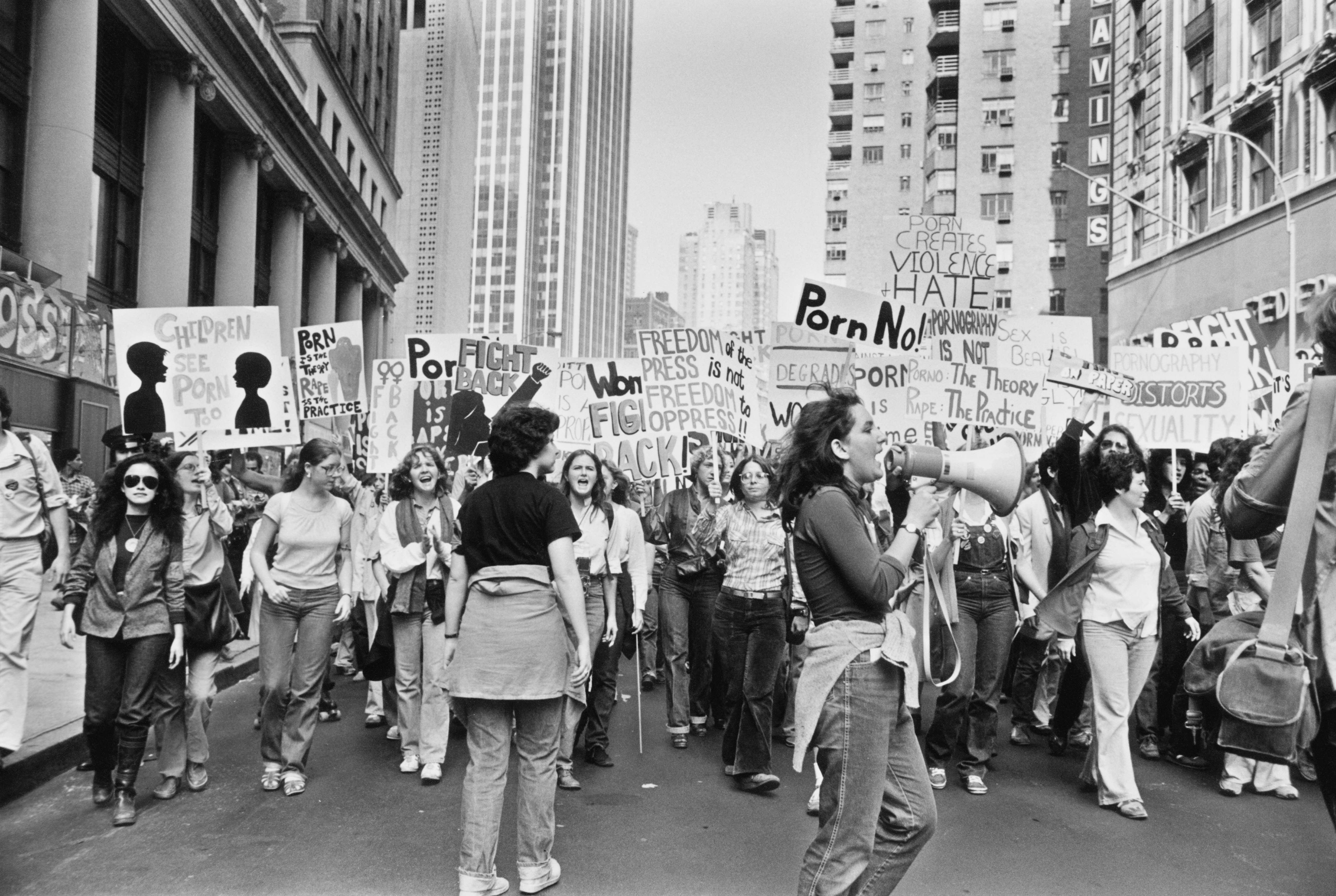 Women Against Pornography (WAP) demonstrators march on Times Square, New York City, USA, 20th October 1979. (Photo by Barbara Alper/Getty Images)
