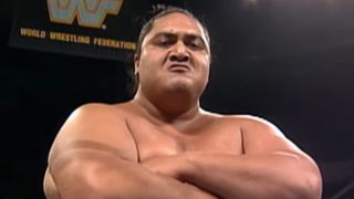 Yokozuna arms crossed in first WWF match