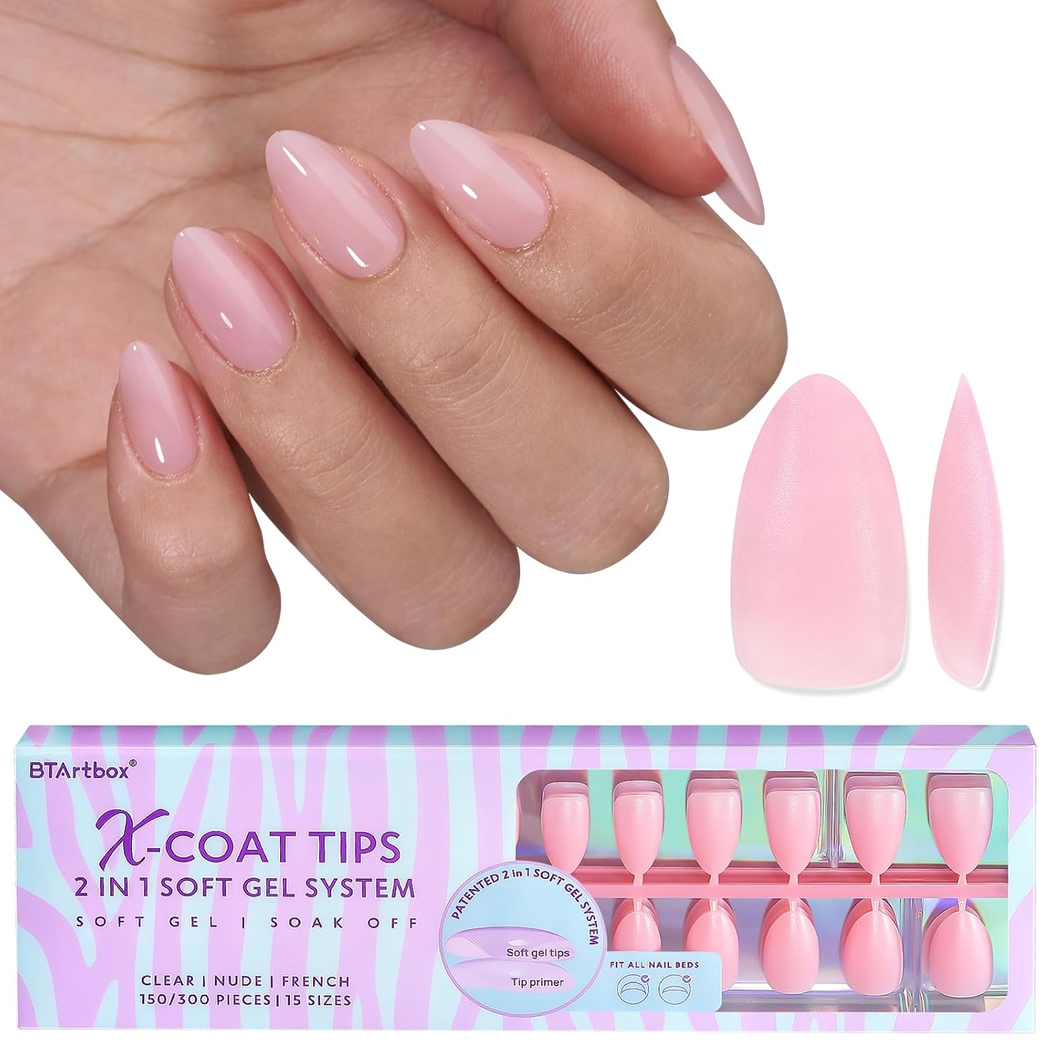 Btartbox Xcoattips Natural Nail Tips Matte -Short Almond Press on Nails Pink, Long Lasting Soft Gel Nails False Nail, Soak Off Acrylic Fake Nails Extensions for Nail Art Diy