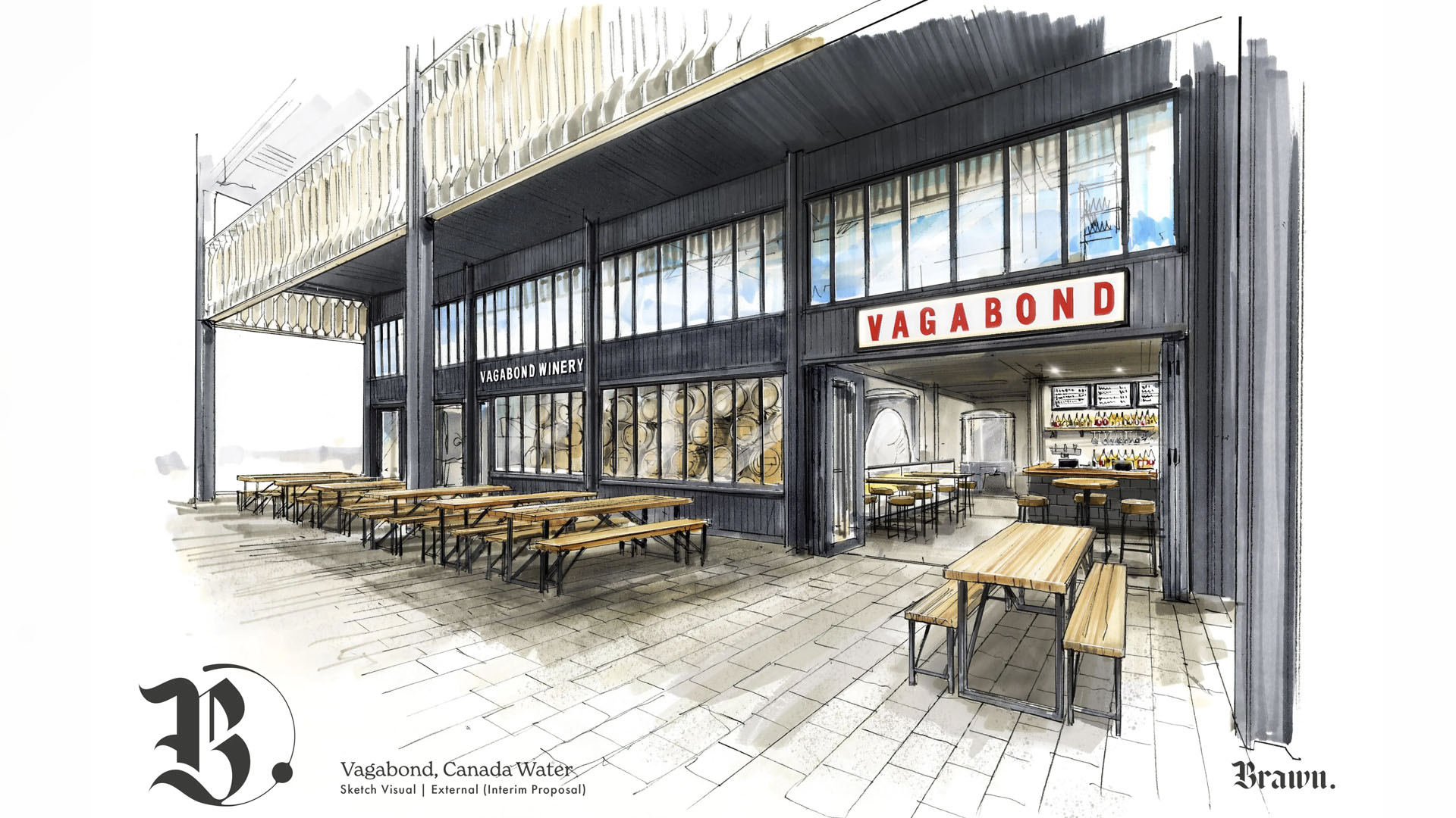 A concept drawing of Vagabond Wines Canada Water venue.