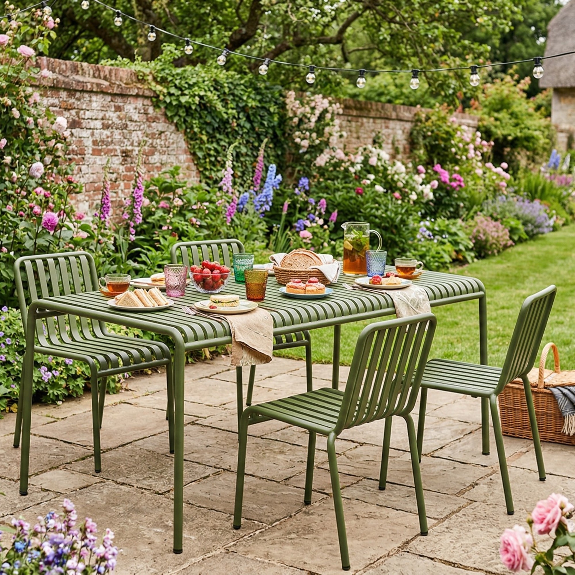 HAY Palissade garden dining set in green with food and drink on top of the table set in an English garden