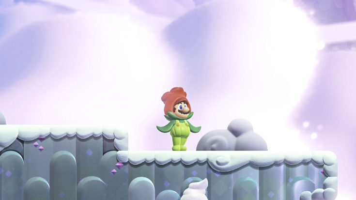 A screenshot from Super Mario Bros. Wonder Nintendo Switch 2 Edition showing Mario using the new Flower Pot power-up
