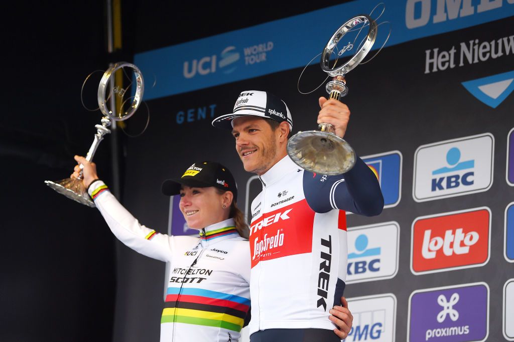 NINOVE, BELGIUM - FEBRUARY 29: Podium / Annemiek Van Vleuten of The Netherlands and Team Mitchelton-SCOTT World Champion Jersey / Jasper Stuyven of Belgium and Team Trek - Segafredo / Celebration / Trophy / during the 75th Omloop Het Nieuwsblad 2020, Men Race a 200km race from Ghent to Ninove / @OmloopHNB / #OHN20 /on February 29, 2020 in Ninove, Belgium. (Photo by Luc Claessen/Getty Images)