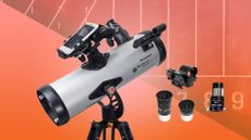 Celestron starsense explorer LT 114AZ telescope in a deal on an orange background