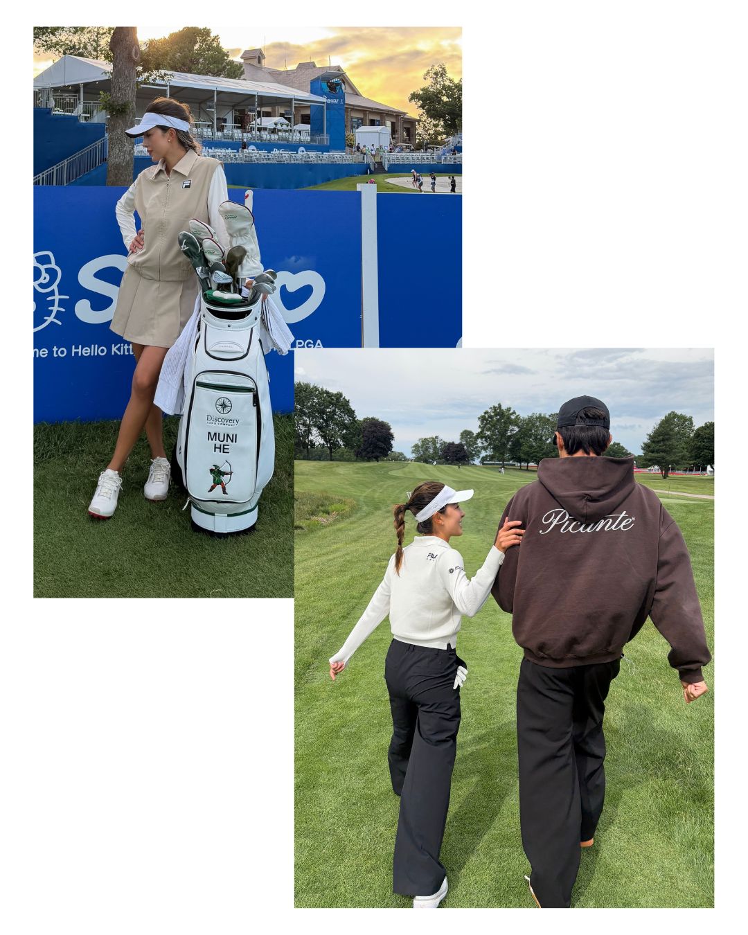 Professional golfer Lily Muni He and Formula One driver Alex Albon on the golf course.