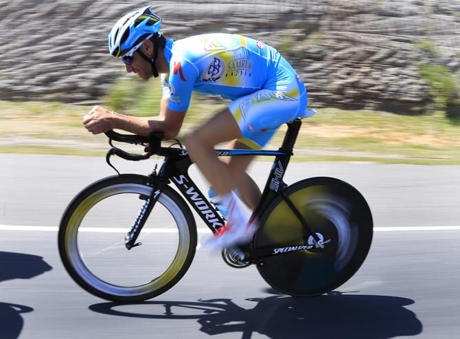 Vincenzo Nibali is dialing in his time trial position on his Specialized