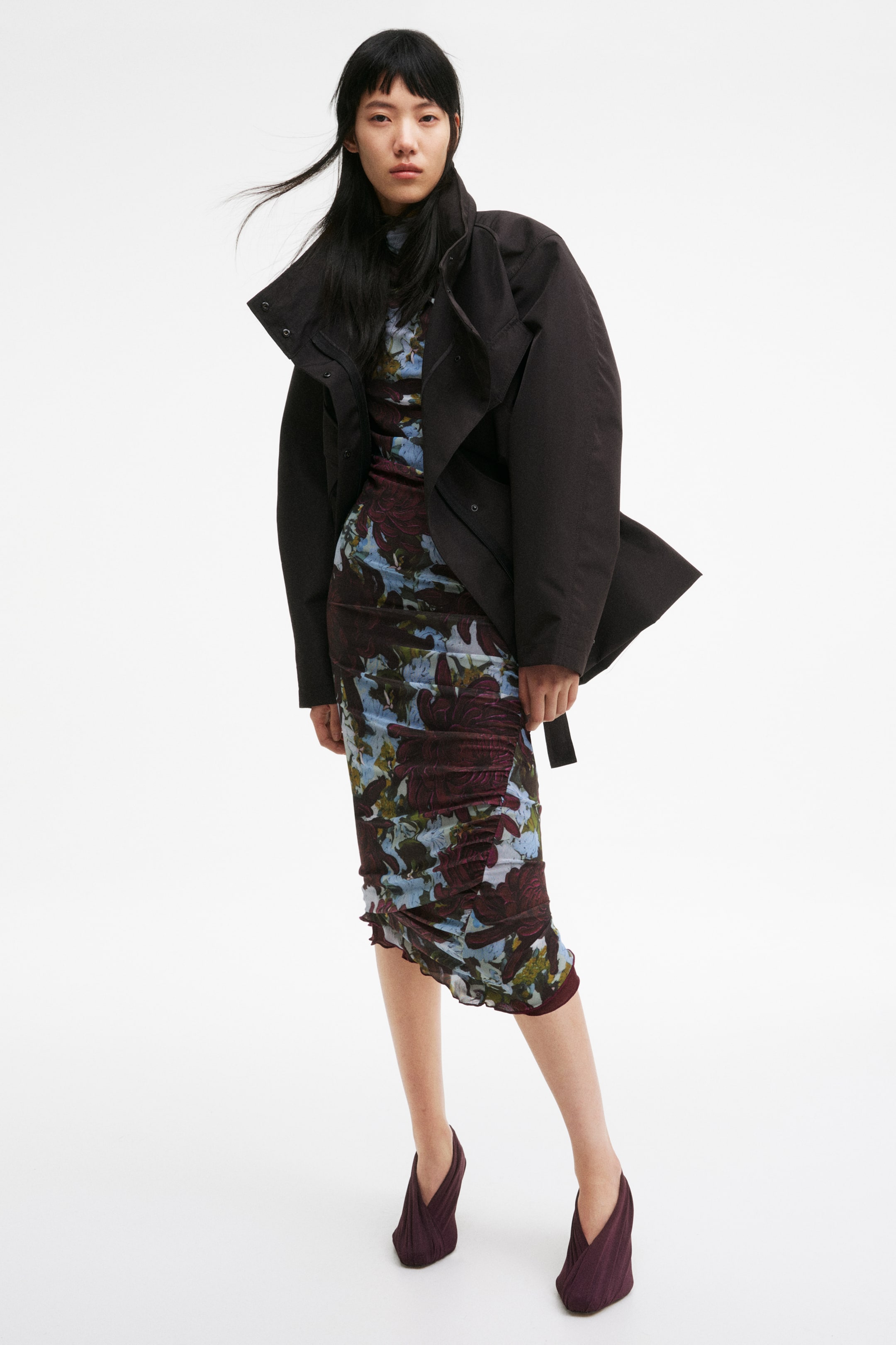 Asymmetric Mesh Dress - Dark Plum Purple/floral