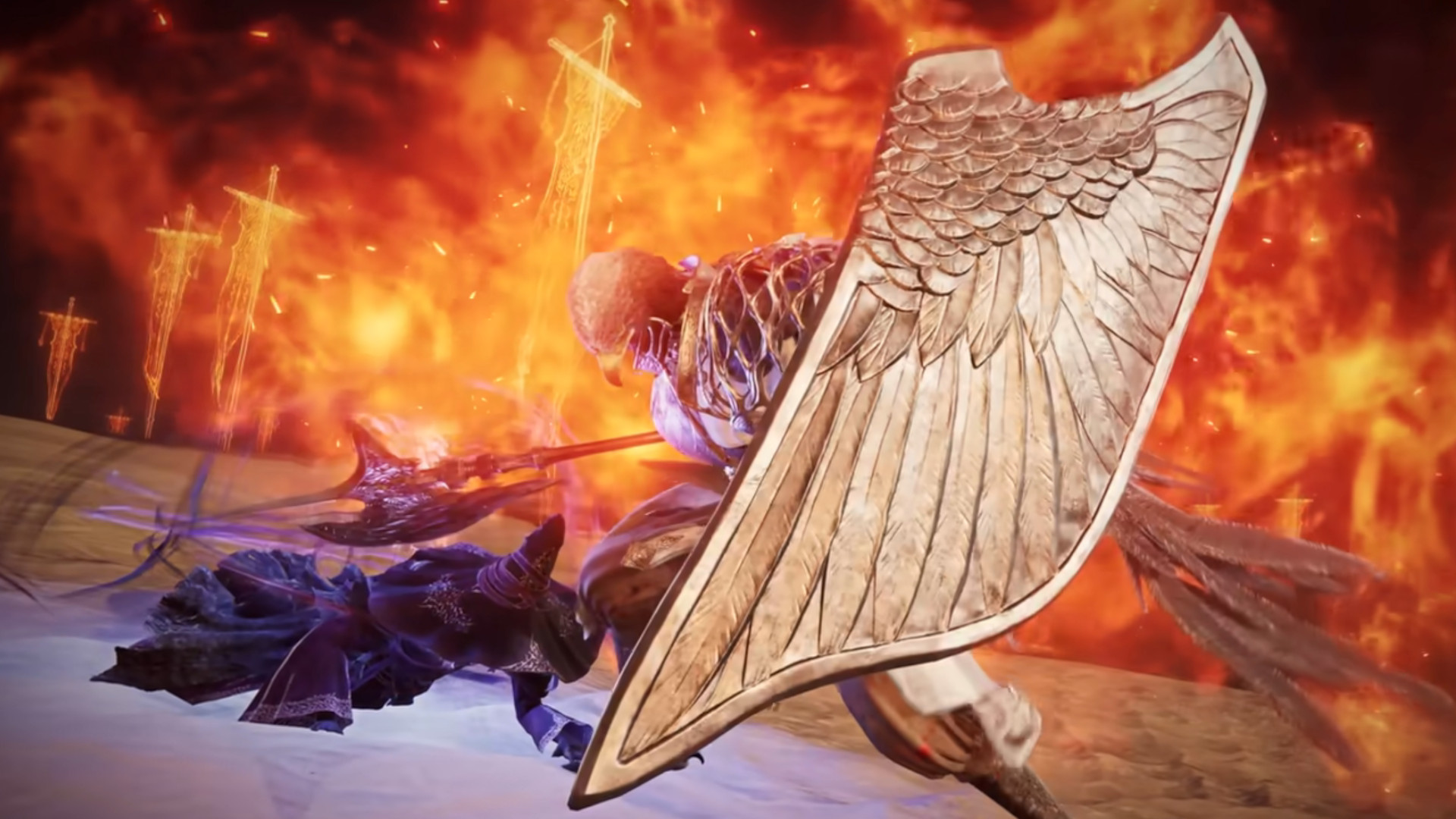 the bird-headed guardian blocking behind a greatshield as fire swirls all around