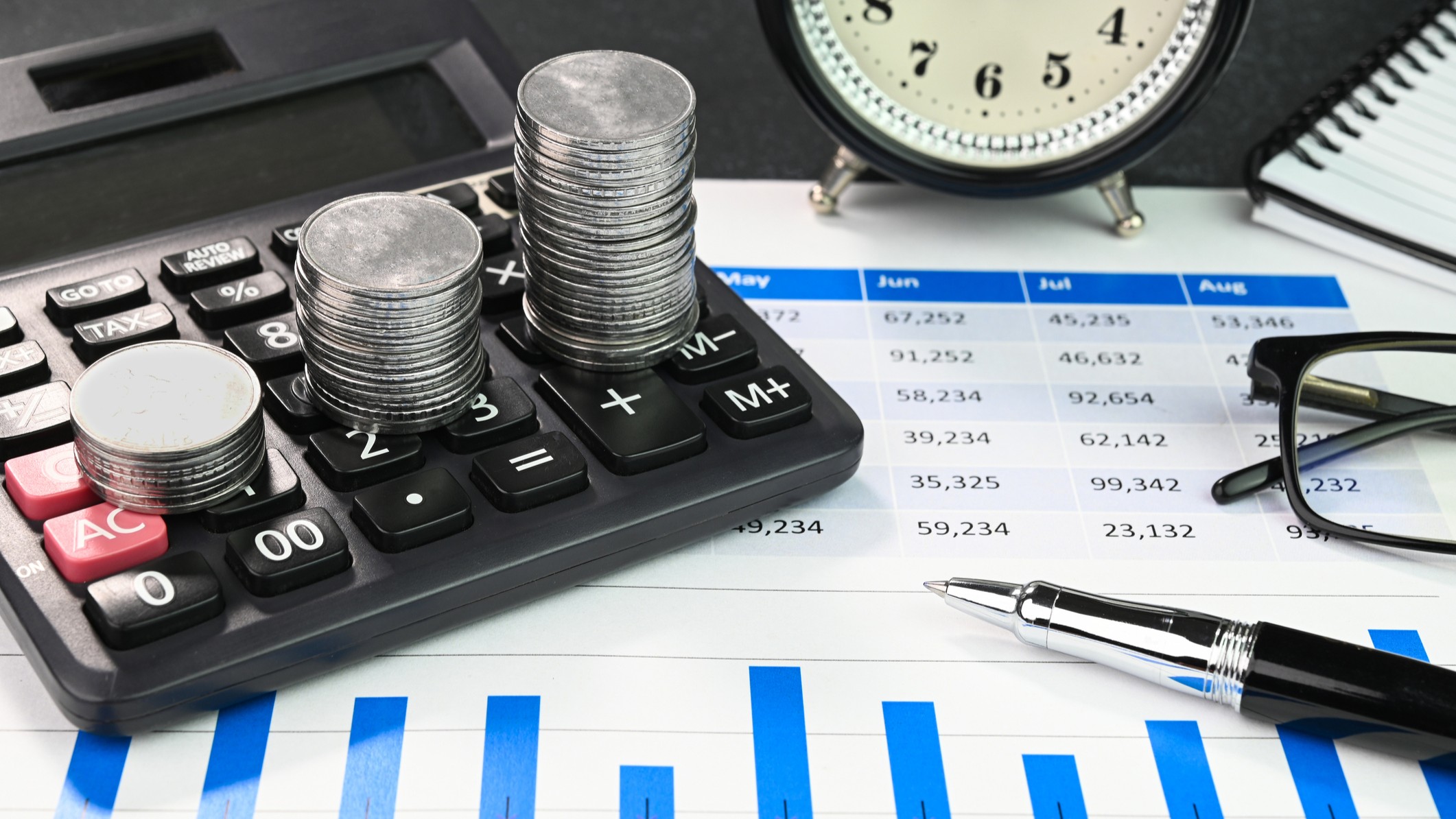 a calculator with stacks of quarters on it, set on top of financial paperwork with an analog clock, pen and glasses
