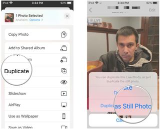 How to extract a still shot from a Live Photo by showing steps: Tap Duplicate, select Duplicate as Still Shot