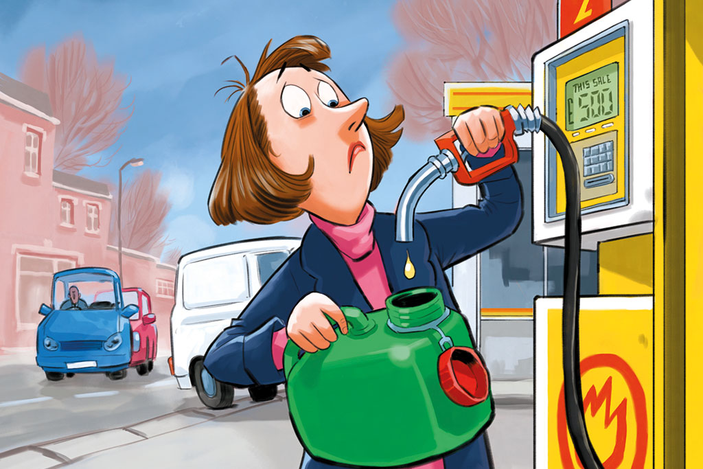 War on Iran MoneyWeek cover illustration &ndash; woman at an empty petrol pump 