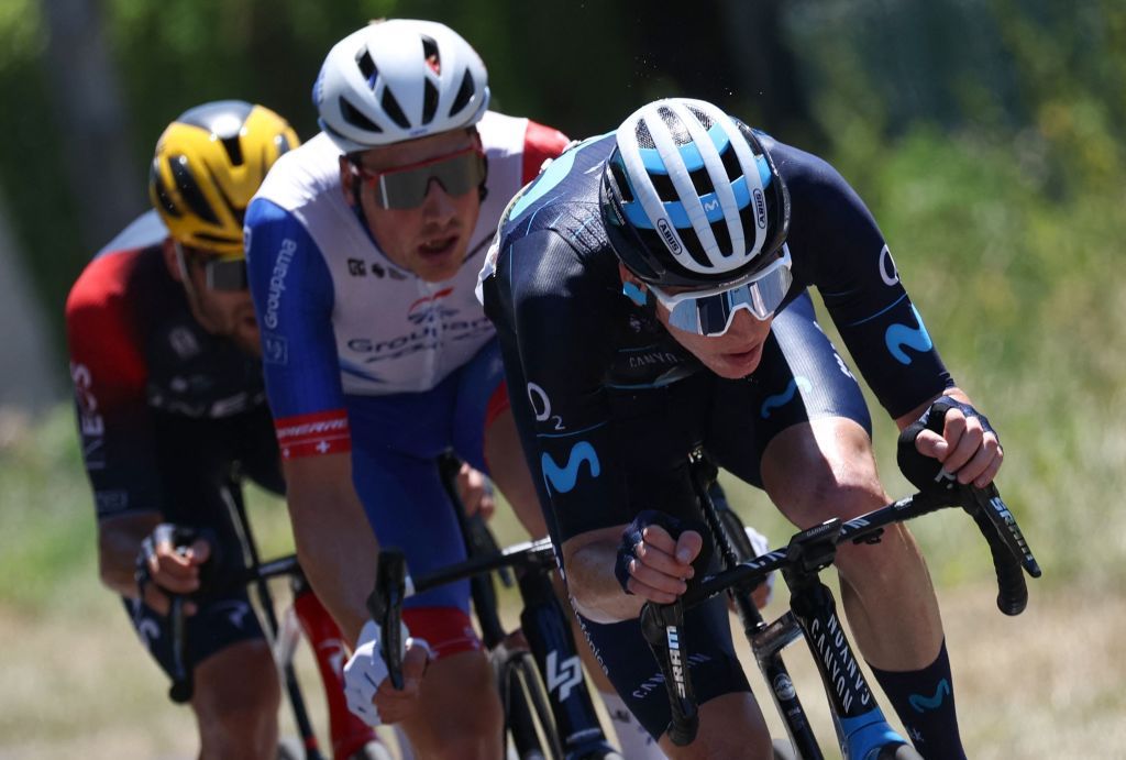 Movistar Teams American rider Matteo Jorgenson R GroupamaFDJ teams Swiss rider Stefan Kung C and Ineos Grenadiers teams Italian rider Filippo Ganna R cycle in a breakaway during the 13th stage of the 109th edition of the Tour de France cycling race 1926 km between Le Bourg dOisans in the French Alps and SaintEtienne in central France on July 15 2022 Photo by Thomas SAMSON AFP Photo by THOMAS SAMSONAFP via Getty Images