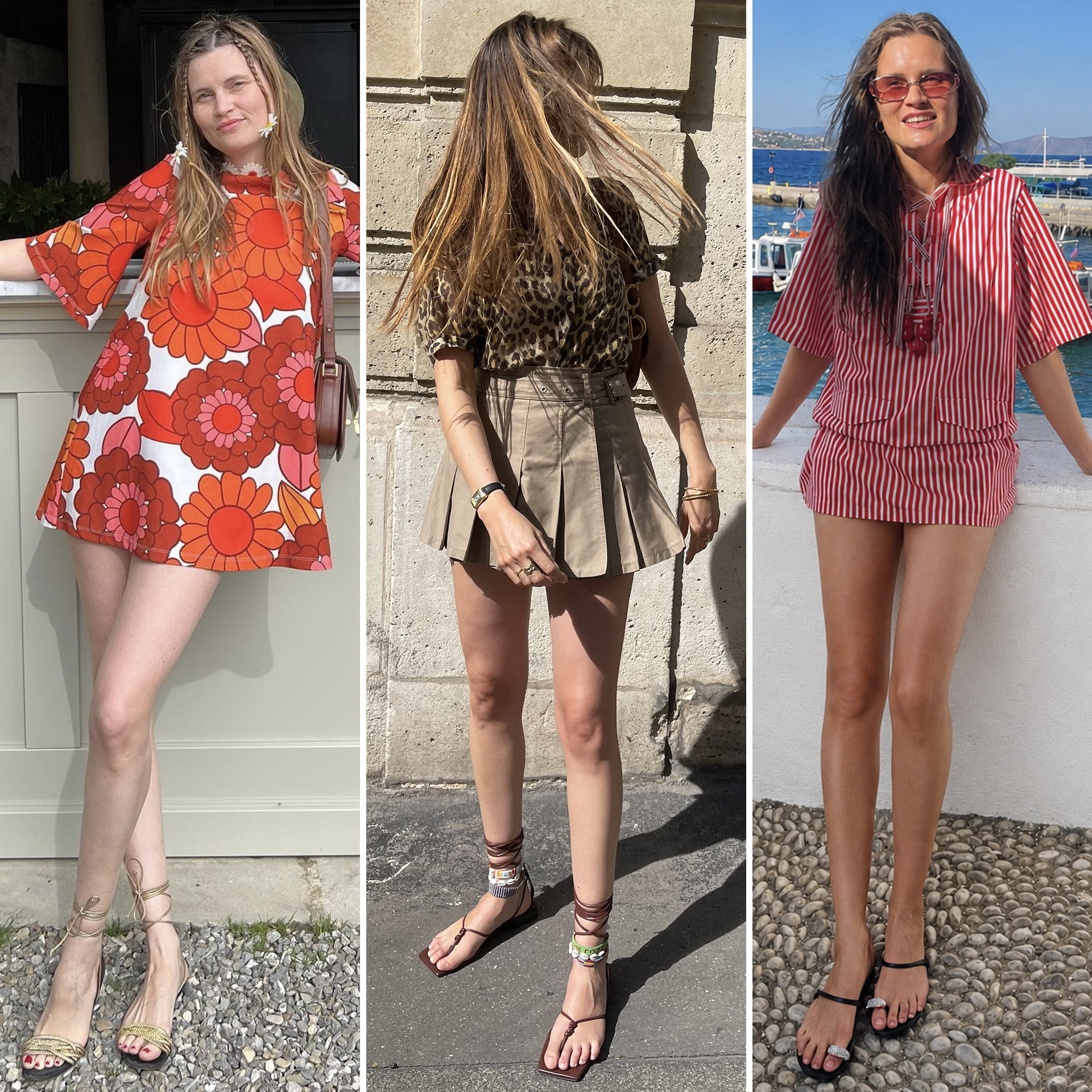 fashion collage of French editor Eug&eacute;nie Trochu wearing chic summer outfits for 2026 with strappy flat sandals