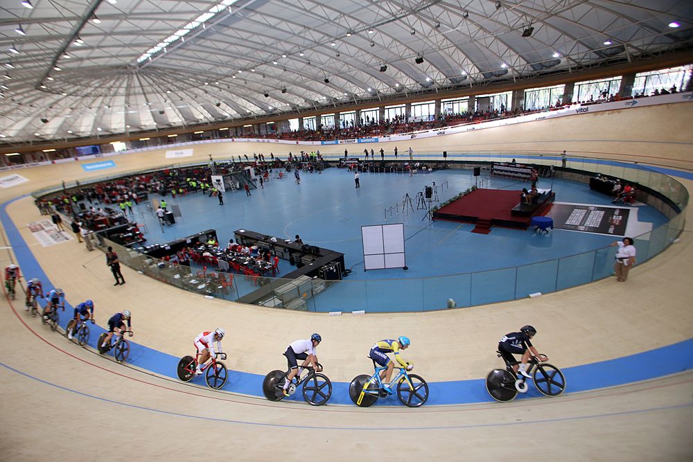 Cyclists compete in the men's Omnium Points Race 4\4, during the Tissot UCI Track Cycling World Cup