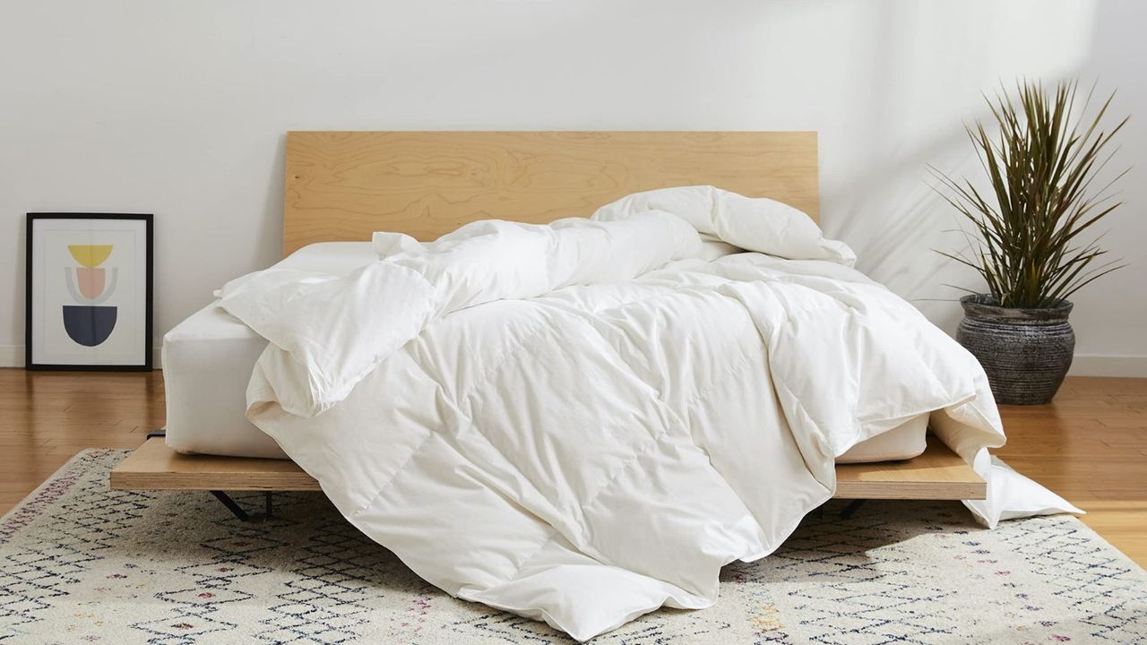 Brooklinen Down Comforter on a sofa against a white wall.