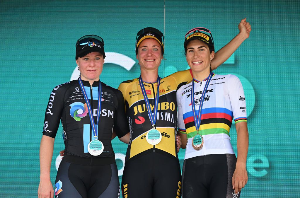 OLBIA ITALY JULY 02 LR Charlotte Kool of Netherlands and Team DSM on second place stage winner Marianne Vos of Netherlands and Jumbo Visma Team and Elisa Balsamo of Italy and Team Trek Segafredo on third place pose on the podium ceremony after the 33rd Giro dItalia Donne 2022 Stage 3 a 1134km stage from Cala Gonone to Olbia GiroDonne UCIWWT on July 02 2022 in Olbia Italy Photo by Dario BelingheriGetty Images