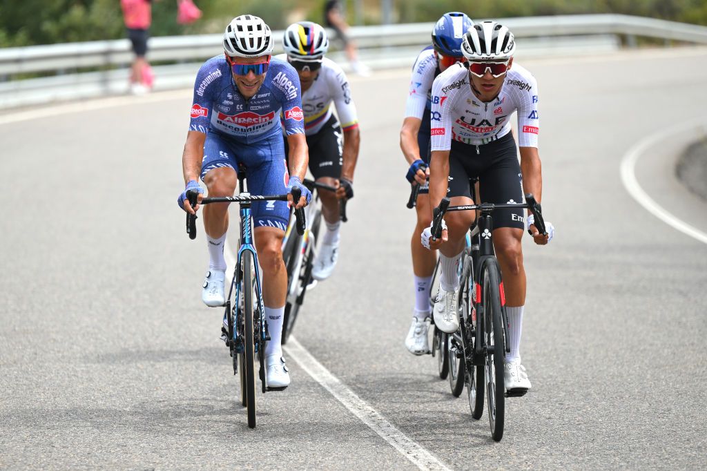 VILLABLINO SPAIN AUGUST 31 LR Xandro Meurisse of Belgium and Team Alpecin Deceuninck and Isaac del Toro of Mexico and UAE Team Emirates compete in the breakaway during the La Vuelta 79th Tour of Spain 2024 Stage 14 a 2005km stage from Villafranco del Bierzo to Villablino UCIWT on August 31 2024 in Villablino Spain Photo by Tim de WaeleGetty Images