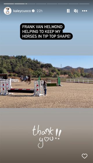 Kaley Cuoco watching as her horse gets exercise while pregnant.