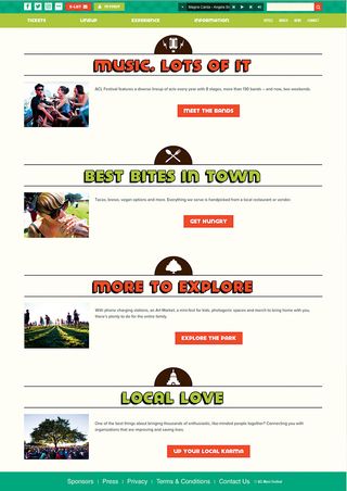 The site of Austin City Limits Festival has simple and clear icons that support the bold display text on its info pages, helping break up the content.
