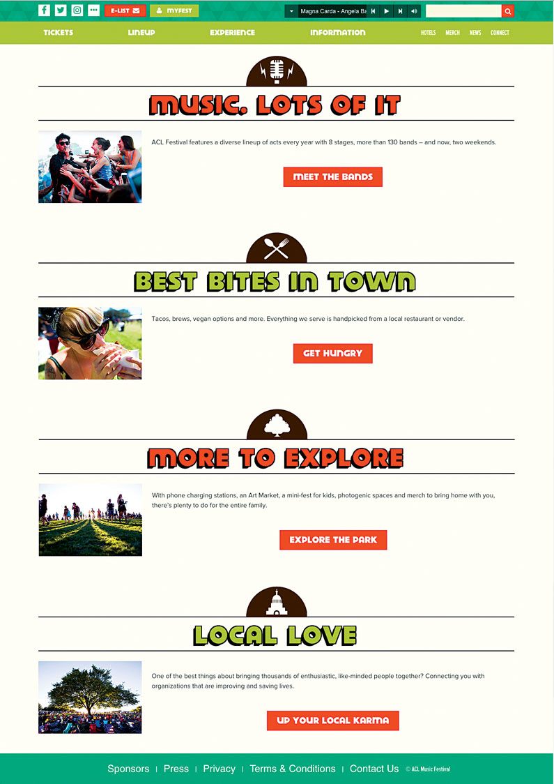 The site of Austin City Limits Festival has simple and clear icons that support the bold display text on its info pages, helping break up the content.