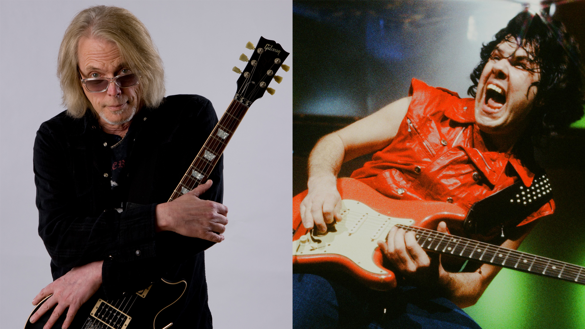 LEFT: Portrait of Thin Lizzy guitarist Scott Gorham with a Gibson Les Paul guitar, United Kingdom, 4th April 2013. RIGHT: Gary Moore live at Kosei Nenkin Hall, Tokyo, January 24, 1983. 