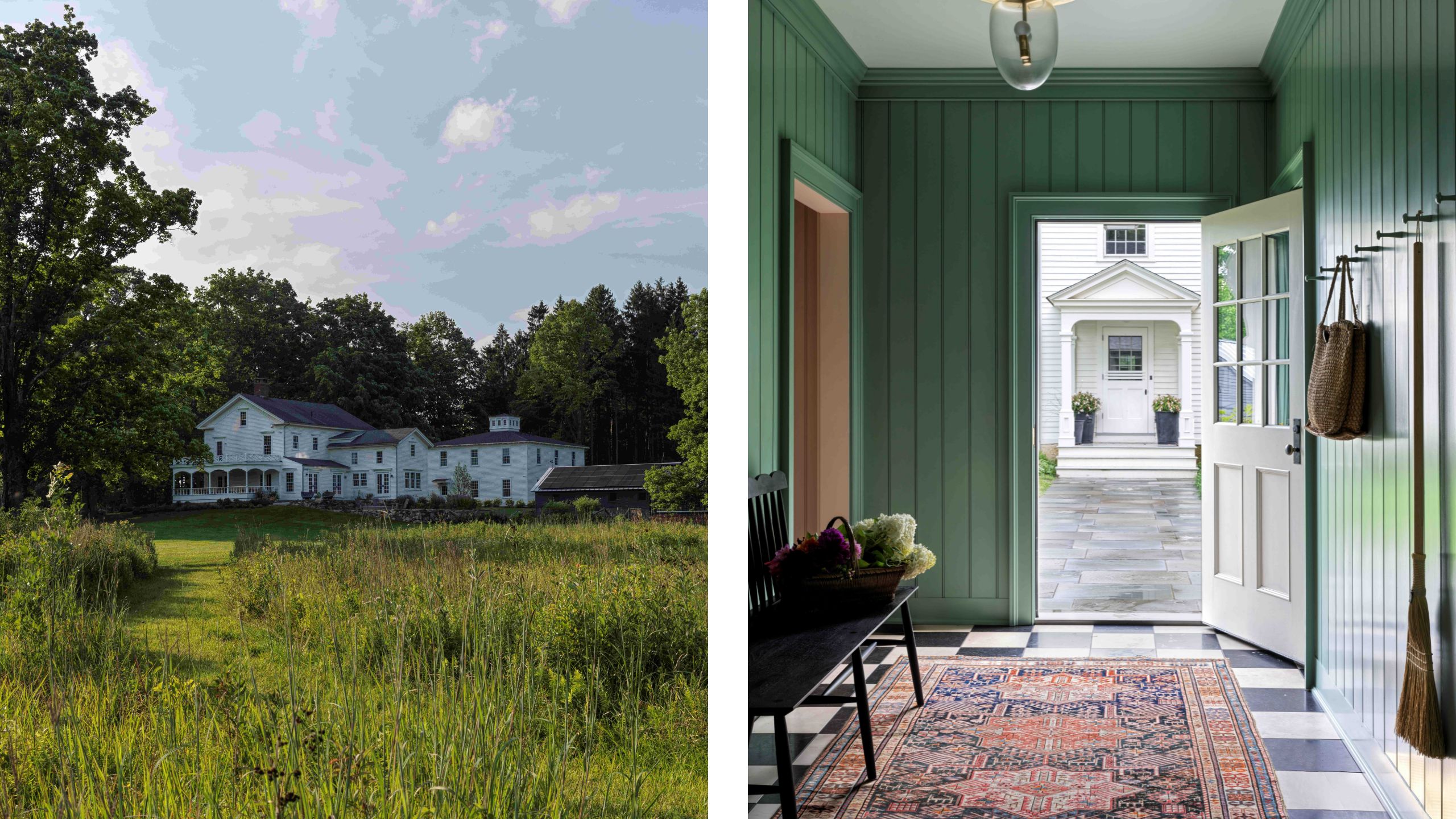 side by side images of the exterior of a Connecticut farmhouse and a green and pink entryway to the carriage house