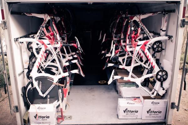 The team trailer all loaded up with shiny new Pinarellos.