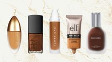 Collage of five of the best foundations for dark skin from (left to right) Lisa Eldridge, NARS, Fenty Beauty, e.l.f. Cosmetics and Haus Labs, set against a cream and gold marble background