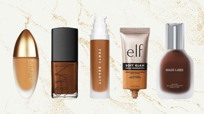 Collage of five of the best foundations for dark skin from (left to right) Lisa Eldridge, NARS, Fenty Beauty, e.l.f. Cosmetics and Haus Labs, set against a cream and gold marble background